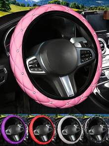 Women's Shiny Rhinestone PU Leather Car Steering Wheel Cover, Fits 14.5-15 Inch Steering Wheels, Breathable Anti-Slip All-Season Design, No Inner Ring, Easy Installation, Universal Car Interior Accessory - Style a - View 9