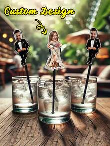 Personalized Photo/Video Drink Stirrer - Uploadable Photo/Video, Suitable For Birthday, Wedding, Graduation Party Decoration, Acrylic Stirrer With Hat-Shaped Stirring Head And Ergonomic Handle, Beverage Accessory, Photo Gift For Guests - Multicolor - View 2