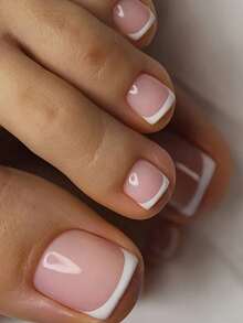 24pcs Women's French Style Fake Toenails, Pink & White Full Coverage Thick Toenail Stickers, Suitable For DIY Nail Art - Baby Pink - View 3