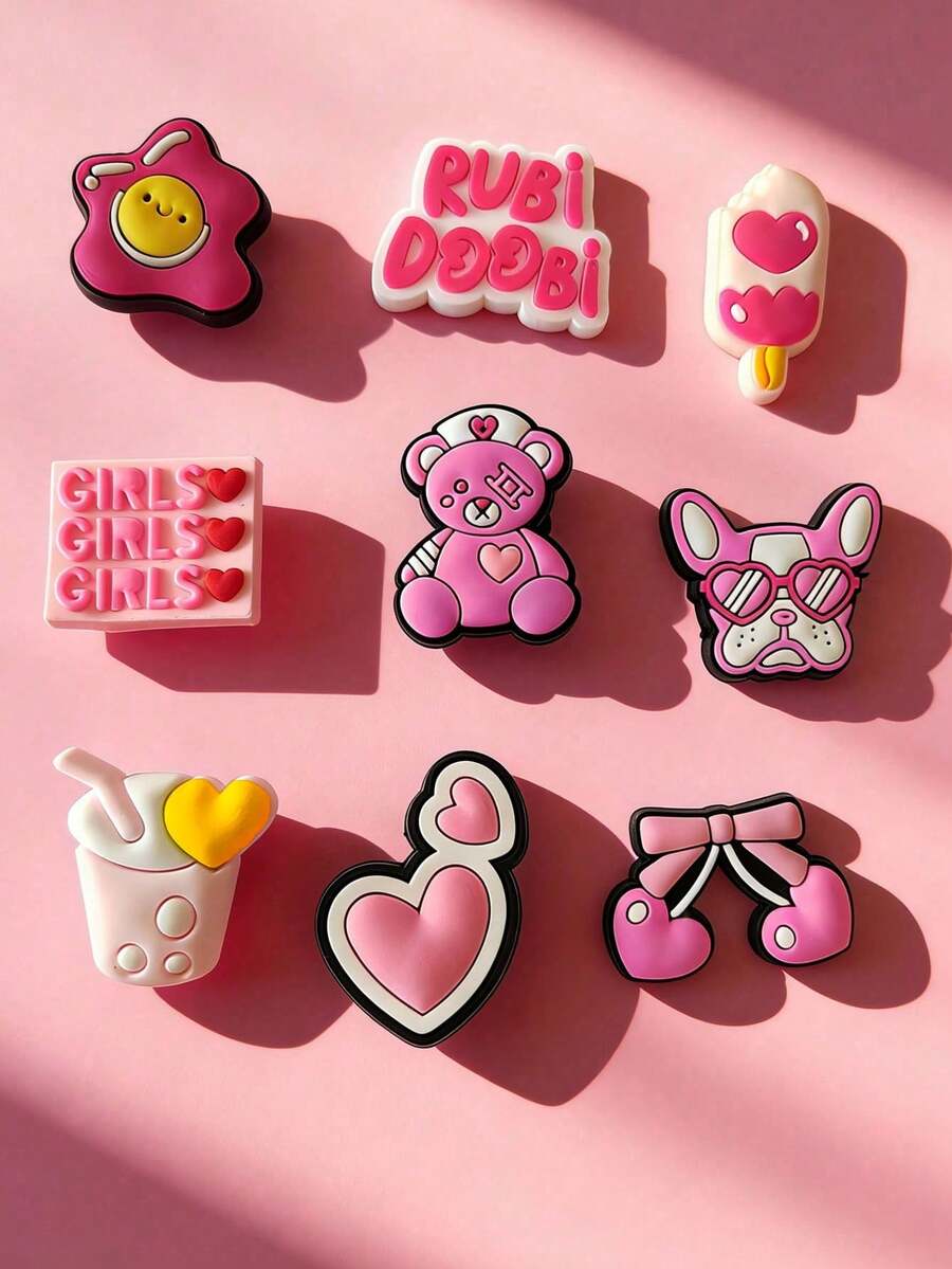 9pcs Cute Pink Bear Shoe Charm Set, Suitable For Decorating Clogs, Personalized Gift, Party Favor For Girls And Women - Pink - View 1