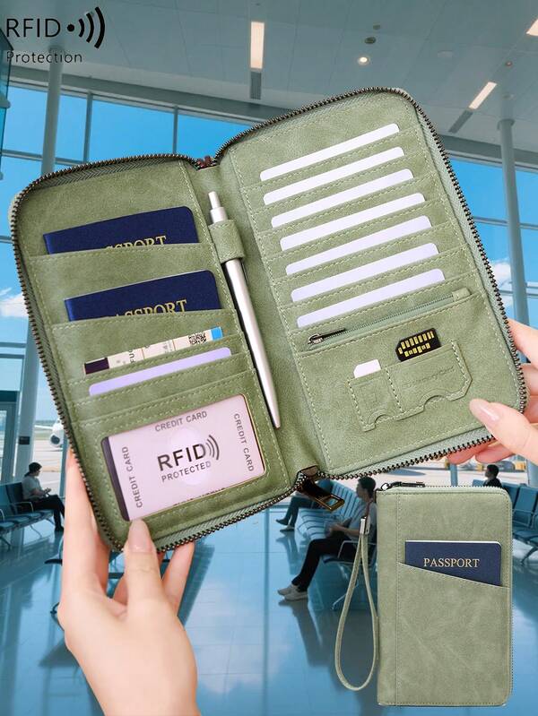 Porte-passeport de voyage vintage en PU avec RFID anti-vol CHARM INFINITE, avec sangle de poignet, double fente pour passeport, fentes multiples pour cartes, fente pour stylo, compartiment zippé pour pièces/carte SD, poche extérieure pour passeport, pochette de rangement zippée complète pour documents/billets, accessoire de voyage aéroport unisexe, article cadeau, disponible en plusieurs couleurs unies