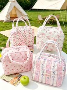 Portable Insulated Handbag Waterproof Inner Handheld Bag Cute Insulation Bag Thickened Tote Bag Floral & Bow Print Storage Bag For School And Camping - Multicolor - View 1