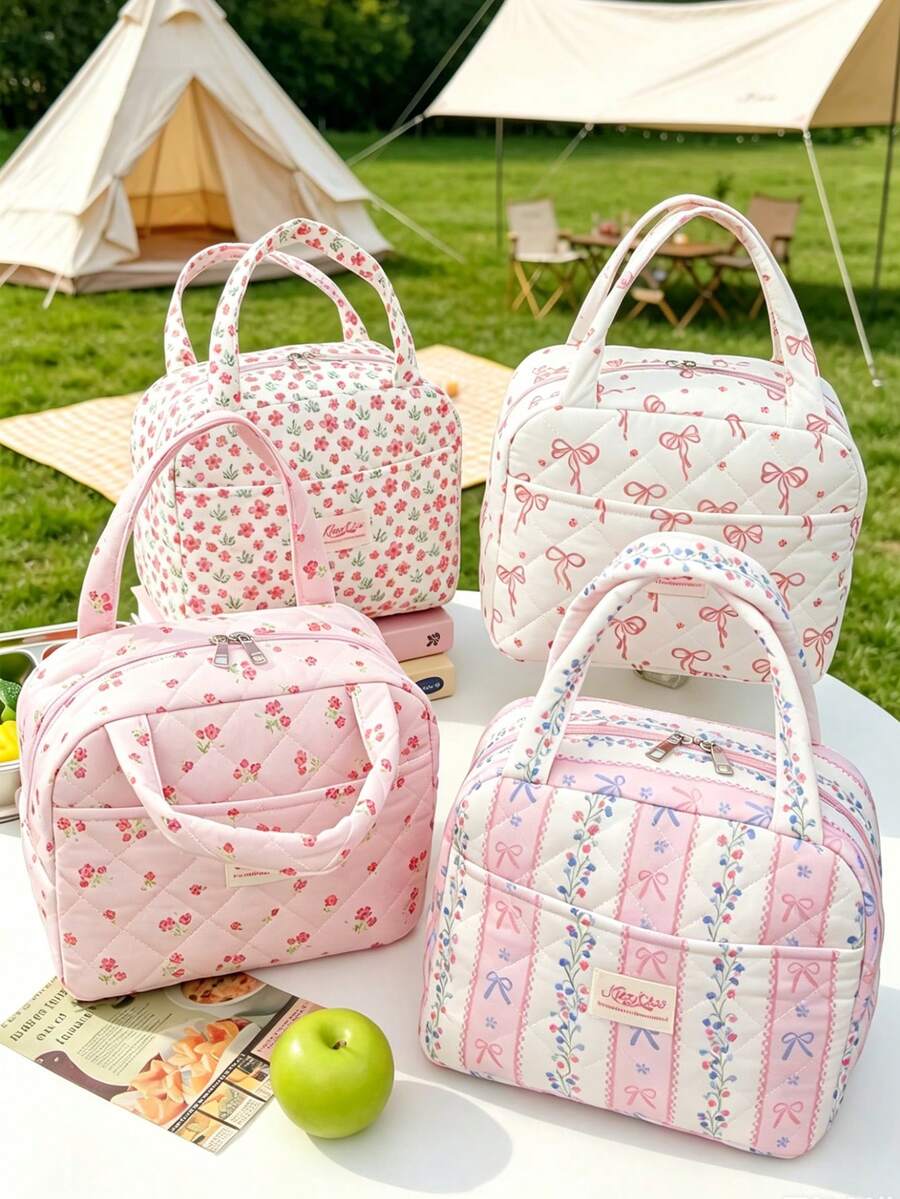 Portable Insulated Handbag Waterproof Inner Handheld Bag Cute Insulation Bag Thickened Tote Bag Floral & Bow Print Storage Bag For School And Camping - Multicolor - View 1