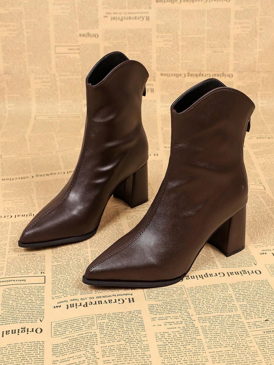 Elegant Pointed Toe Chunky Heel Brown Ankle Boots For Women, Autumn/Winter New Back Zipper Mid-Calf Boots - Brown - View 1