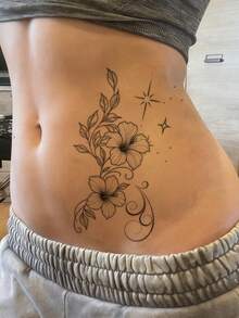 1pc Black Line Drawing Hibiscus Flower Vortex Star Vertical Long Strip Temporary Tattoo Sticker, Realistic Fake Tattoo Design, Suitable For Daily Wear, Bachelorette Party Favors, Music Festivals, Games, Graduation Gifts, Lasts 3-5 Days - Black - View 3