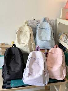 Cute Embroidered Bow Backpack For Teen Girls, Soft Wrinkle Resistant Nylon Student School Bag, Multi Pastel Color Options Casual Daily Travel Daypack - Multicolor - View 7
