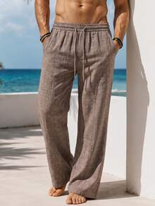 1pc Faux Linen Textured Long Pants, Men's Vacation Style Casual Long Pants, Lightweight Breathable Fabric, Beach Slouchy Relaxed Straight Leg Pants, Loose Fit Flattering Leg Shape, Comfortable Skin-Friendly, Machine Washable, Vacation Style, Beach Vacation, Island Travel Men's Pants - Coffee Brown - View 3