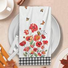 2/4/48pcs Red Floral Butterfly Pattern Printed Kitchen Towels - Ultra Soft, Highly Absorbent Polyester Dish Cloths And Hand Towels, Perfect For Holiday Decor, Kitchen Decor, Party Decor. - Multicolor - View 6