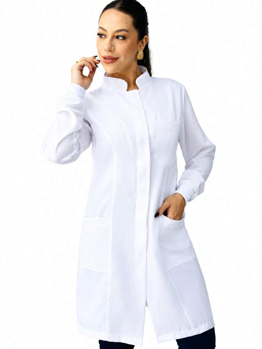 Jaleco Feminino Oxford Branco, Botão Embutido, Gola Padre, Elástico Punho, Acinturado, Manga Longa - Oxford