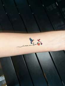 1 Pc Mini Watercolor Hummingbird Cursive Script Forearm Temporary Tattoo Stickers, Tender Sweet Tiny Floral Color Bird Fake Tattoo, Waterproof Personal Wrist Body Decor, Girls Collarbone Ankle Matching Ins Viral Temporary Tattoos - Multicolor - View 3
