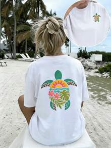 Tropisches Blumen-T-Shirt |   Damen-T-Shirt mit doppelseitigem Aufdruck, Rundhalsausschnitt, Meeresschildkröten-Grafik, lässiges, kurzärmeliges, bequemes Oberteil für den Sommer, Strandliebhaber und den Alltag, - Weiss - Übersicht 1