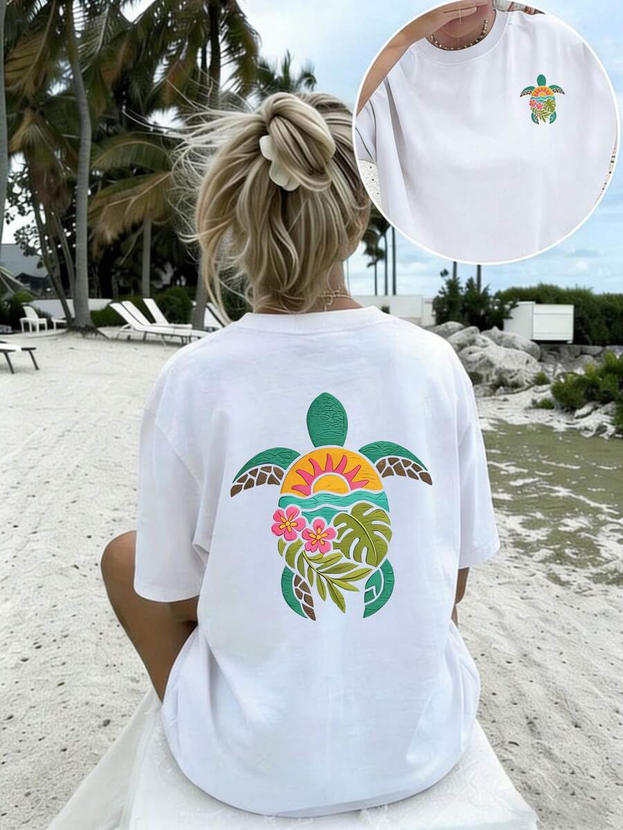 Tropisches Blumen-T-Shirt |   Damen-T-Shirt mit doppelseitigem Aufdruck, Rundhalsausschnitt, Meeresschildkröten-Grafik, lässiges, kurzärmeliges, bequemes Oberteil für den Sommer, Strandliebhaber und den Alltag, - Weiss - Übersicht 1