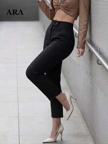ARA CHIC Women's Black Short Tapered Leg Pants, High Waist Button Closure Suit Pants, Business Casual Commute Outfit - Black - View 4
