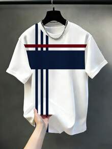 Plus Size Men's White Base Navy Blue & Burgundy Colorblock Geometric Vertical Stripe & Horizontal Block Patchwork Print Crew Neck Short Sleeve Summer - Blue - View 3