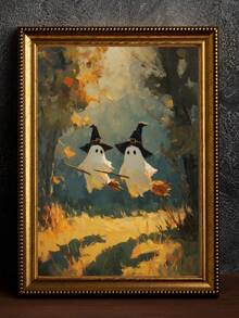 1pc Canvas Wall Art, Framed Wall Decor, Vintage Oil Painting Of Two Ghosts Wearing Wizard Hats And Riding Brooms In Autumn Forest, Atmospheric Halloween Canvas Poster, Dark Academia Vintage Aesthetic Wall Decor, Suitable For Modern Home Decoration - Ghost Witch - View 5
