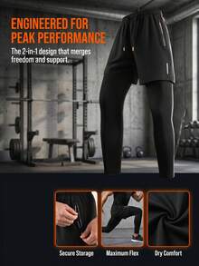 Men's 2-In-1 Spring/Autumn Football & Basketball Training Pants, Unique Print, Outdoor Running & Fitness, Drawstring Waist Sports Black - Black - View 8
