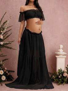 Maternity Strapless Ruffle Hem Dress, Chiffon Moderate Stretch Ruffle Detail Front Slit Ruffle Hem Maternity Photography Baby Shower Party Dress Black - Black - View 4