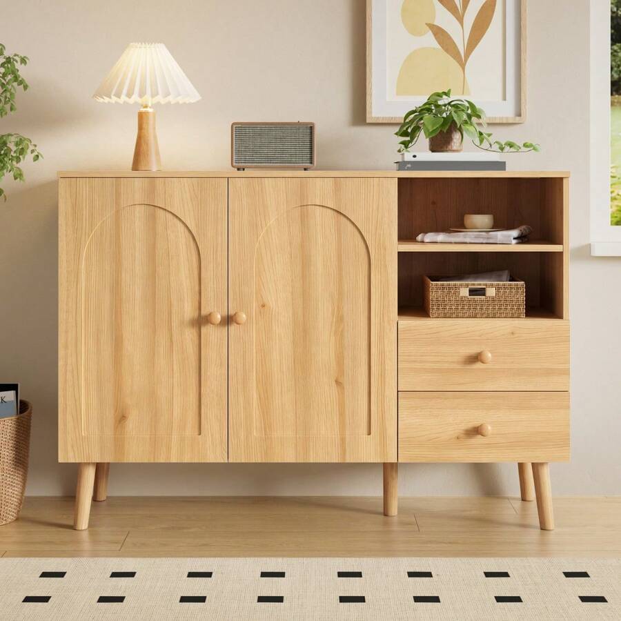 Minimalist-Style Locker/ Storage Cabinet With 2 Drawers And 2 Open Compartments/ Wooden Handles And Feet / Versatile Storage Options / Suitable For Living Room, Dining Room And Hallway - 淺木色 - 查看 1