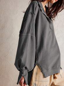 European Women's Fashion Casual Design Split Hem Lantern Sleeve Polo Collar Loose Sweatshirt - Grey - View 5