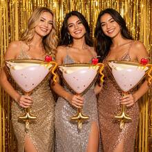 3 piezas Globos de papel de aluminio con forma de copa de martini rosa, globos de material Mylar con tallo alto elegante y lazo, adecuados para decoraciones de fiesta de cumpleaños de mujer, aniversario de boda y despedida de soltera - Ver 3
