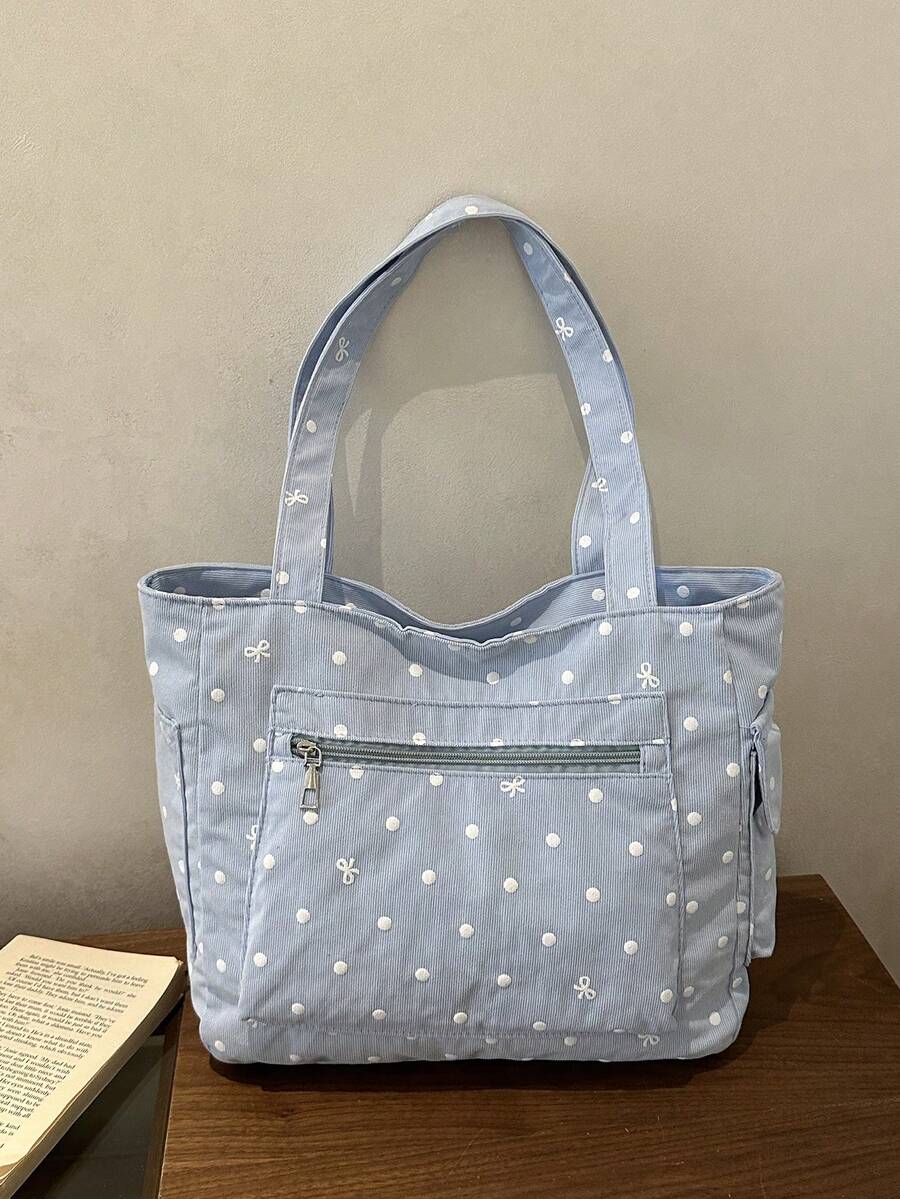 1pc Fashion Colorblock Bow Print Shoulder Tote Bag, Minimalist Lightweight, Multi-Pocket Design - Blue - View 1