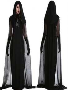 3-Piece Women's Gothic Witch Cosplay Costume - Dark Witch Long Dress With Cloak And Gloves, Full Body Performance Outfit For Theme Parties, Stage Costume, Machine Washable Solid Color,Halloween - Multicolor - View 5