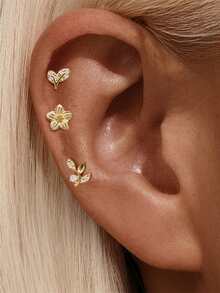 3pcs/Set Anting Kombinasi Daun dan Bunga Ranting Kecil Gaya Mori untuk Wanita, Anting Tusuk Telinga yang Halus, Anting Minimalis Mewah Ringan yang Lembut dan Indah, Serbaguna untuk Bepergian dan Beraktivitas, Aksesori Niche - bunga - View 1