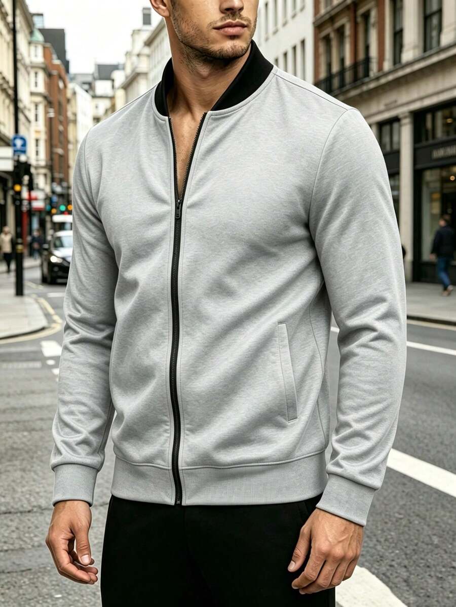 Minimalist Knit Baseball Jacket, Breathable Full Zip Sports Cardigan For Fitness And Running, Spring/Autumn - Black - View 1