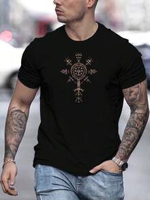 Men's Black And White Rune Pattern Casual Short-Sleeve Round-Neck Shirt For Spring, Summer, And Autumn T Shirt - 白色 - 查看 9