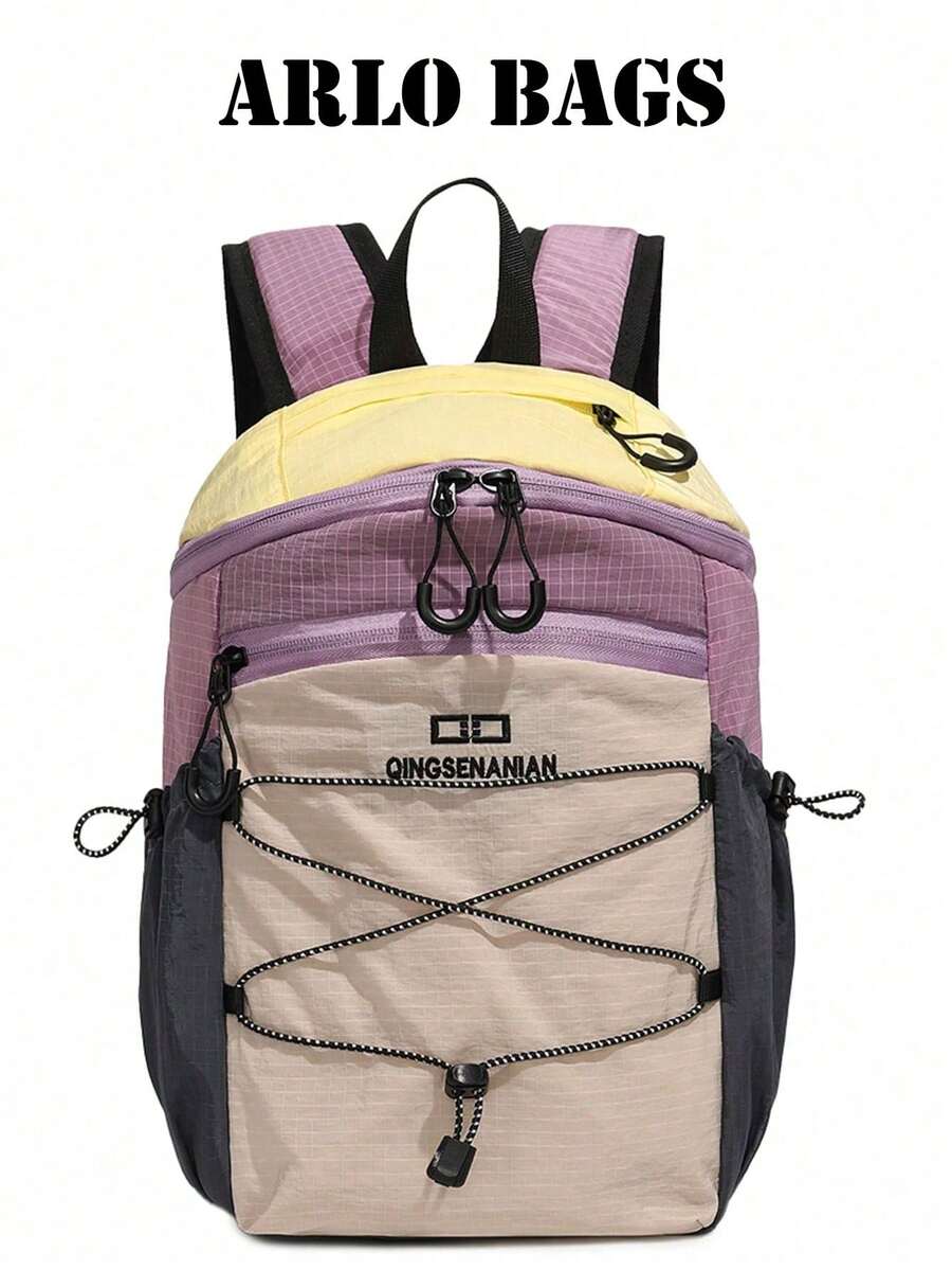 Letter Embroidered Patchwork Backpack With Quick Drawstring Detail, Wear-Resistant Nylon Casual Backpack For Campus Daily Outdoor Activities - Purple - View 1