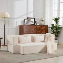 2-In-1 Convertible Sofa Bed In Corduroy, Modular Floor Sofa, No Assembly Required, Unfolding Sofa Bed With 2 Cushions - 米色 - 查看 3
