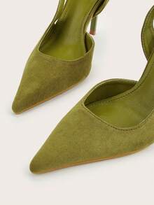Women's Office Minimalist Denim Blue Pointed Toe Closed Toe Slingback Buckle Stiletto Ultra High Heels - Olive Green - View 3