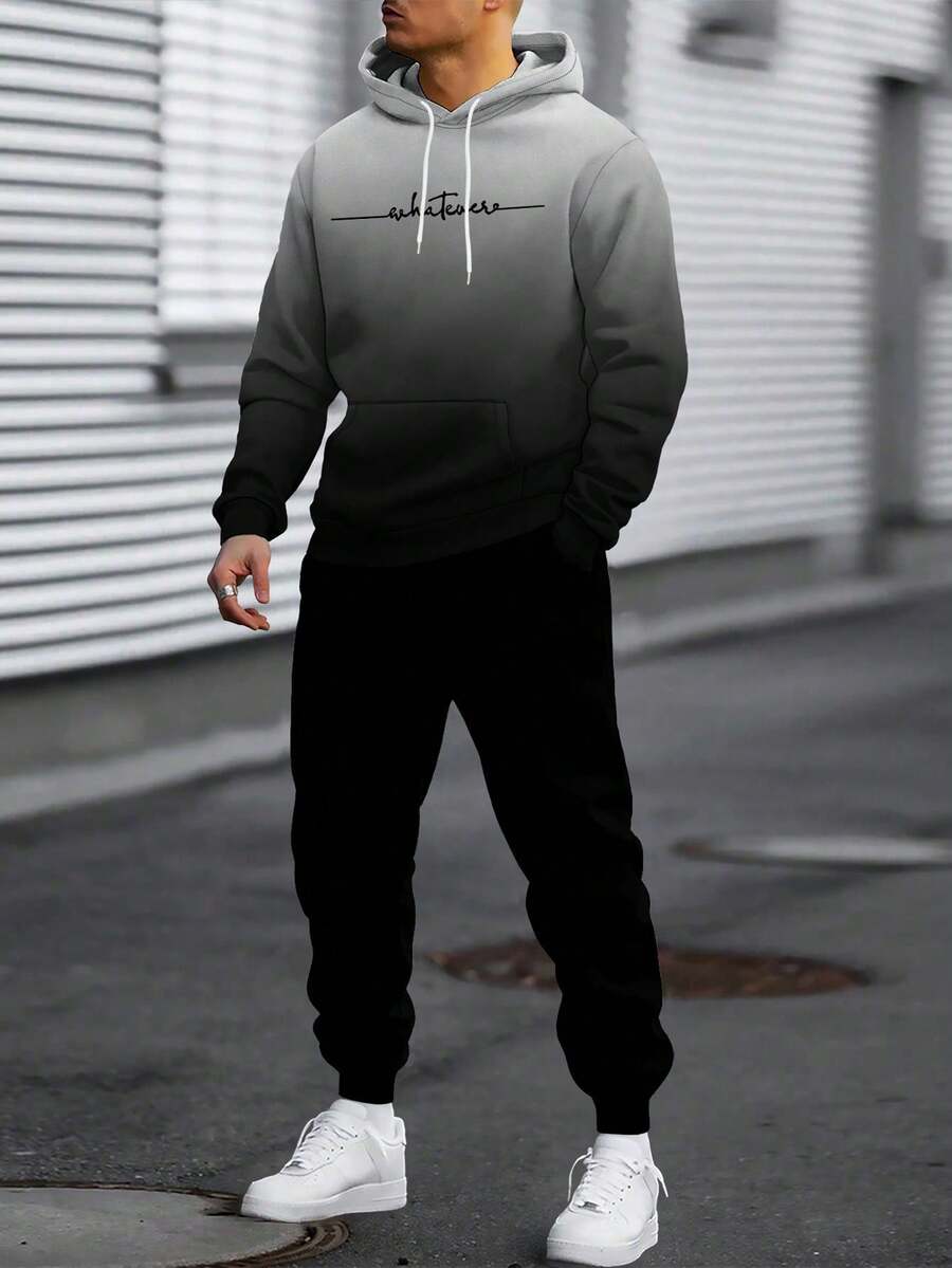 男士春秋漸層色字母藝術印花抗皺連帽衫與彈性抽繩運動長褲套裝，街頭時尚休閒戶外運動風
