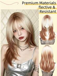 Wig Sintetis 22 Inci Gradasi Cokelat ke Emas, Rambut Lurus Belah Tengah, Gradasi Berlapis dengan Poni, Tahan Panas, Cocok untuk Wanita Modis - MultiWarna - View 11