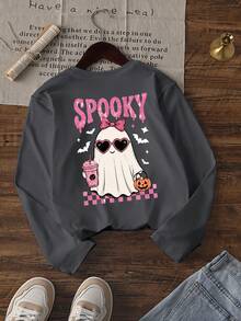 [Halloween]1件女童深灰色長袖T恤 SPOOKY 粉色蝴蝶結愛心時尚眼鏡幽靈奶茶南瓜桶粉色棋盤格蝙蝠星星甜美女孩萬聖節休閒長袖 - 深灰色 - 查看 3