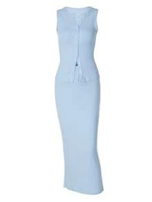 Bộ áo croptop và chân váy không tay màu trơn cài cúc phía trước, kiểu dáng thanh lịch mùa hè. - Màu xanh lam - Xem 6