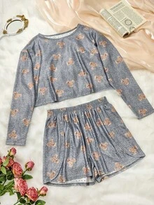 Nina Bonheur 女款鏤空熊圖案圓領長袖睡衣可愛 + 側開衩短褲居家服套裝 - 灰色 - 查看 3