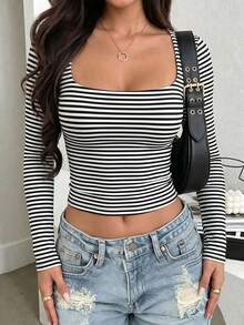 Blusa de manga larga ajustada y sexy para mujer Vaiaye, camiseta de cuello cuadrado con estampado de rayas, casual y versátil, uso diario minimalista, primavera/verano - rayas blancas y negras - Ver 5