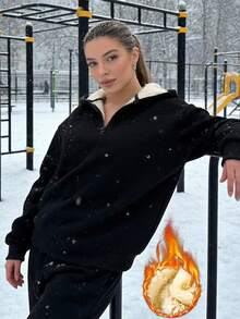 Women's Winter Fleece Half-Zip Hooded Sweatshirt, Warm Sports Top, Suitable For Running, Cycling, Basketball, Gym Workout And Casual Wear - Black - View 4