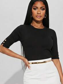 Women's Crew Neck Snap Button Sleeve Knit Top Casual Half Sleeve Sweater Blouse - Black - View 1