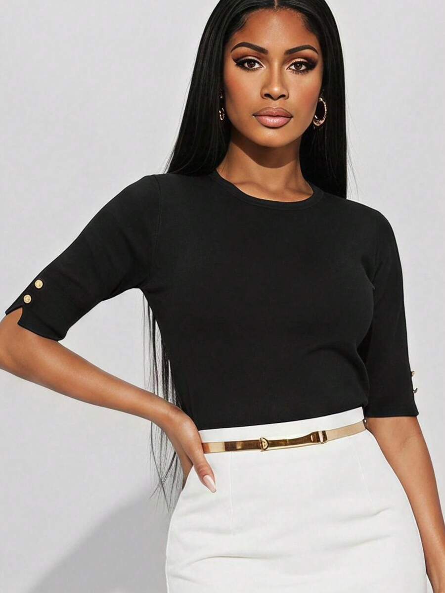Women's Crew Neck Snap Button Sleeve Knit Top Casual Half Sleeve Sweater Blouse - Black - View 1