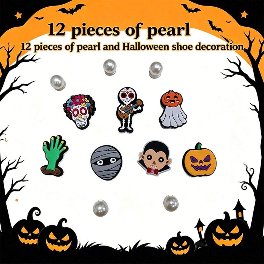 12Pcs Luxury Pearl & Halloween Shoe Charms, Various Unique Removable Patterns, Perfect Gifts For Family, Lovers, Classmates And Kids - Multicolor - View 1