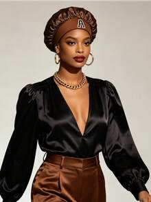 1pc Women's Glossy Satin A-Z Letter Hair Bonnet, Skin-Friendly & Breathable, Suitable For Daily Hair Washing/Home Care/Night Sleep/Year-Round Use - Coffee Brown - View 5