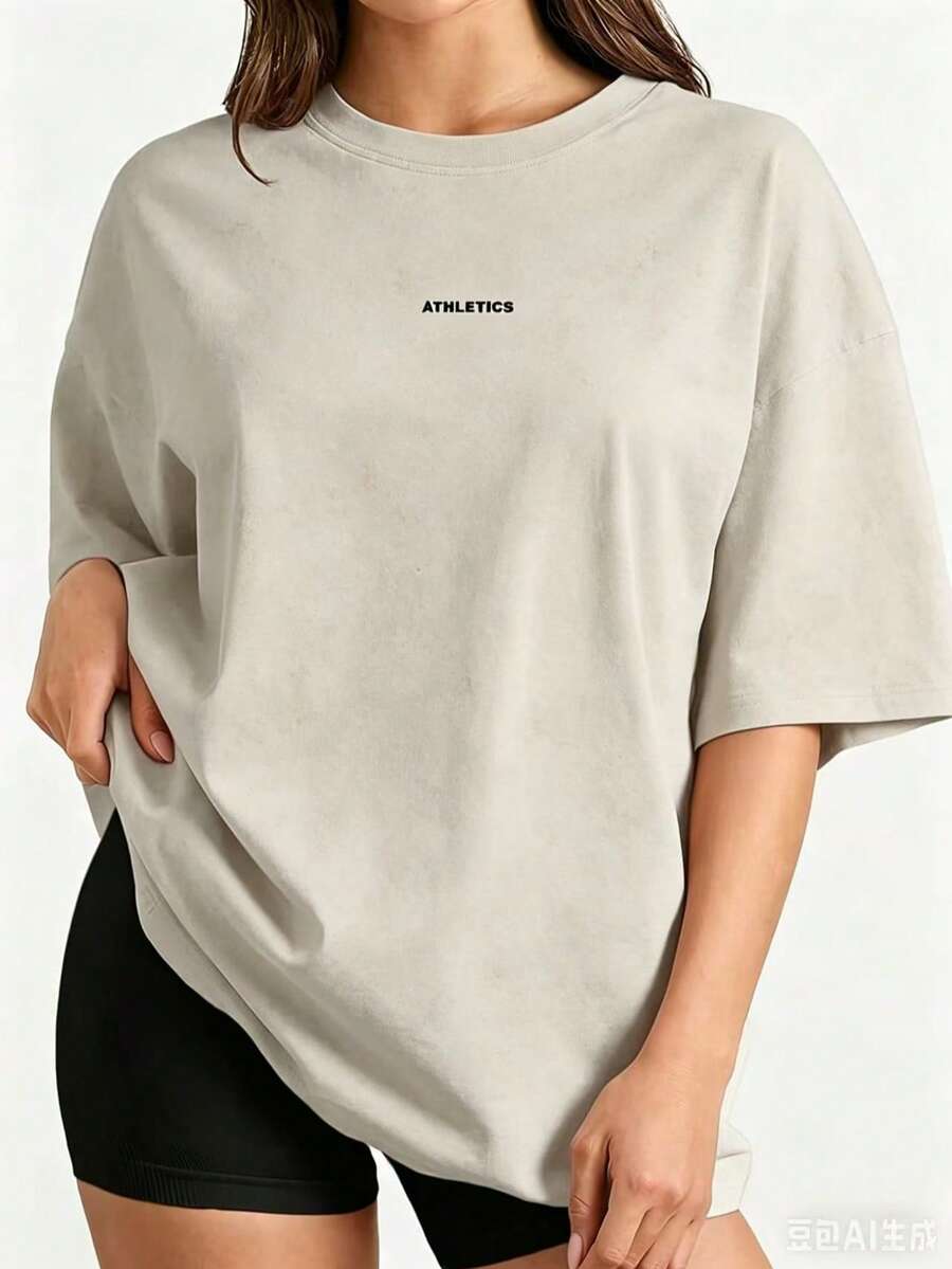 New Summer 2026 Collection, Locally Shipped Loose-Fit Graphic Tee, Short-Sleeve Breathable 100% Cotton, Casual Sports & Pilates Fitness Top - 杏色 - 查看 1