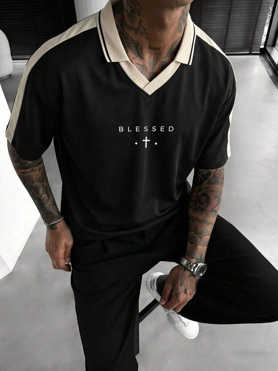 Men's Summer Versatile Fashion Minimalist English Print Contrast Color Crew Neck Short Sleeve T-Shirt - Black - View 1