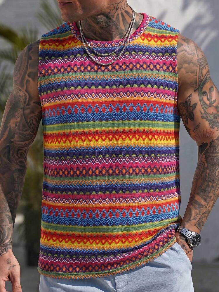 Men's Colorblock Striped Pattern Casual Tank Top - Pink - View 1