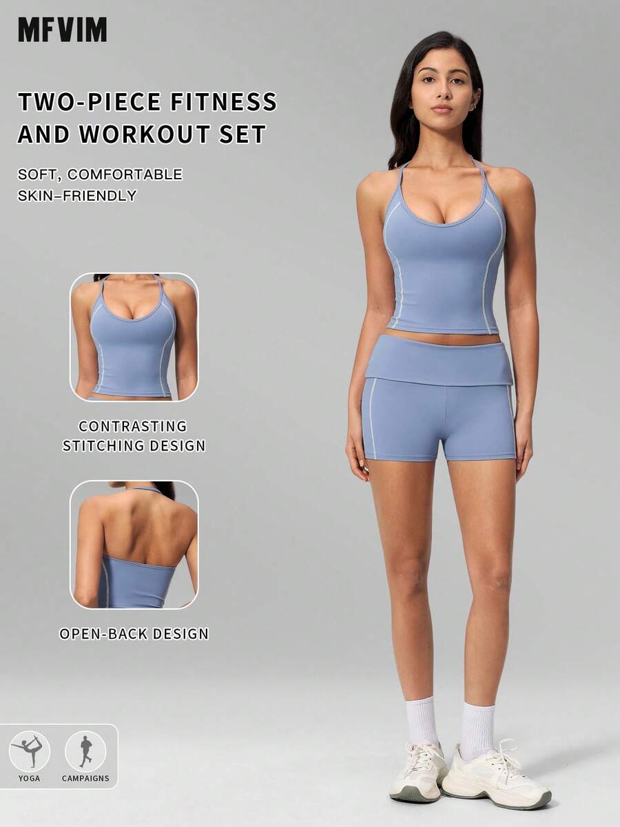 MFVIM Women's New Fashion Yoga Outfit Set, Halter V-Neck Waist-Flattering Slimming Contrast Color Sports Set, Versatile Soft Skin-Friendly Fabric Casual Running Tight Yoga Workout Clothes, Suitable For Daily Commute, Outdoor, Sports, Travel, City Stroll And Various Occasions
