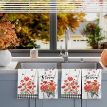 2/4/48pcs Red Floral Butterfly Pattern Printed Kitchen Towels - Ultra Soft, Highly Absorbent Polyester Dish Cloths And Hand Towels, Perfect For Holiday Decor, Kitchen Decor, Party Decor. - Multicolor - View 13