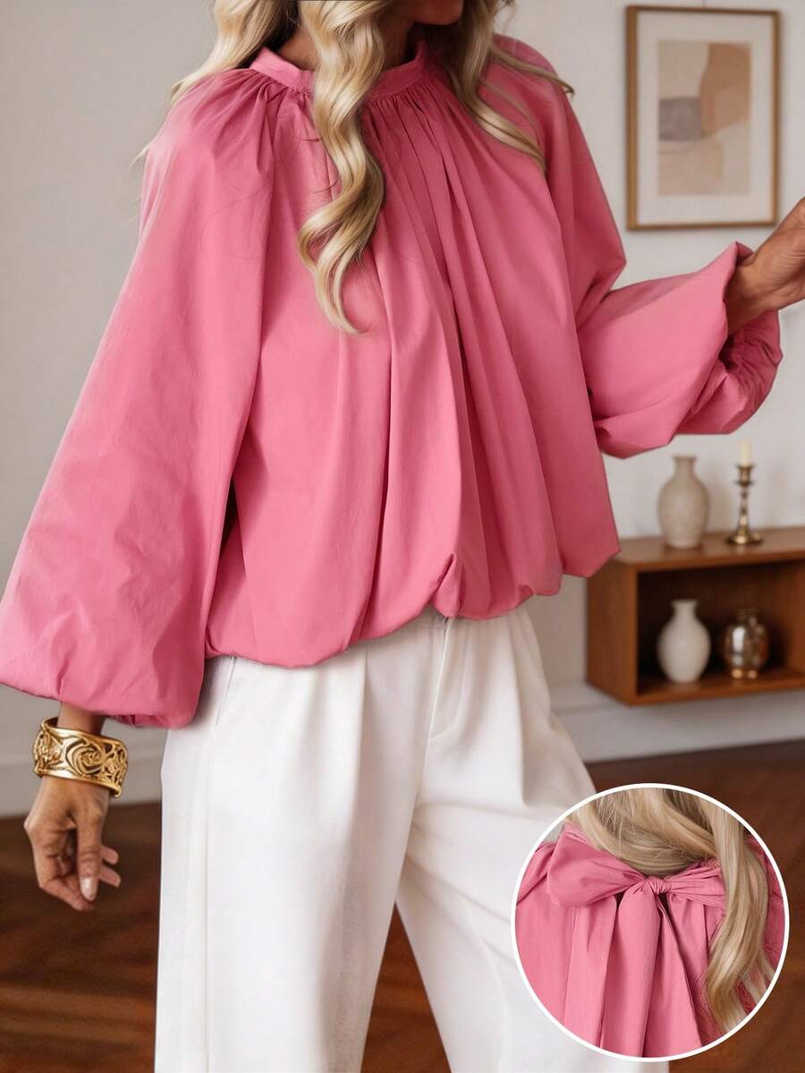 Women's Spring/Summer Casual Vacation Versatile Pink Backless Slit Design Long Sleeve Top, Brunch & Vacation Pink Top