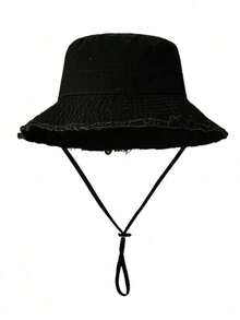 1pc Women's Drawstring Brim Bucket Hat, Outdoor Bucket Hat With Adjustable Chin Strap, Fuzzy Trim Design, Soft Fabric, Windproof, Fashionable, Suitable For Travel, Beach, Seaside Leisure, Daily Use - Multicolor - View 5